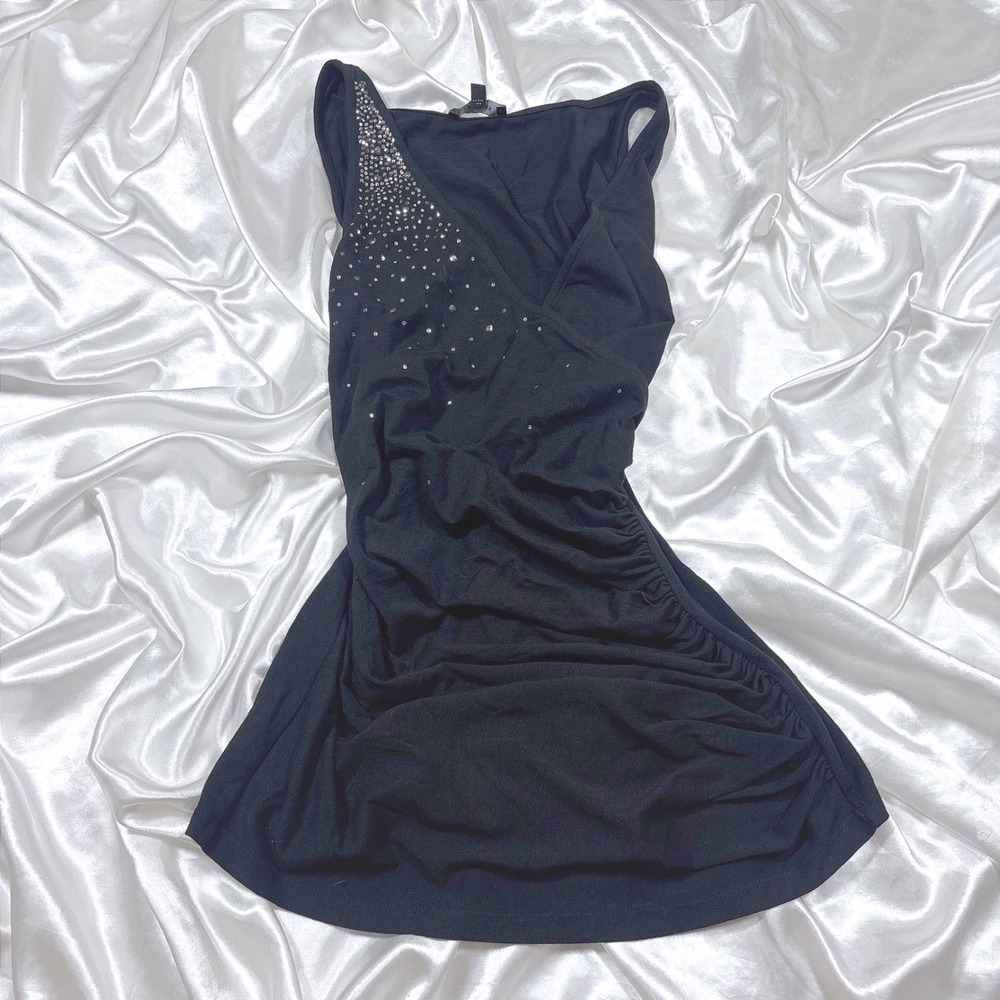 y2k Express Tank Top Black Excellent Rhinestone Ruched Wrap V-Neck Sleeveless S